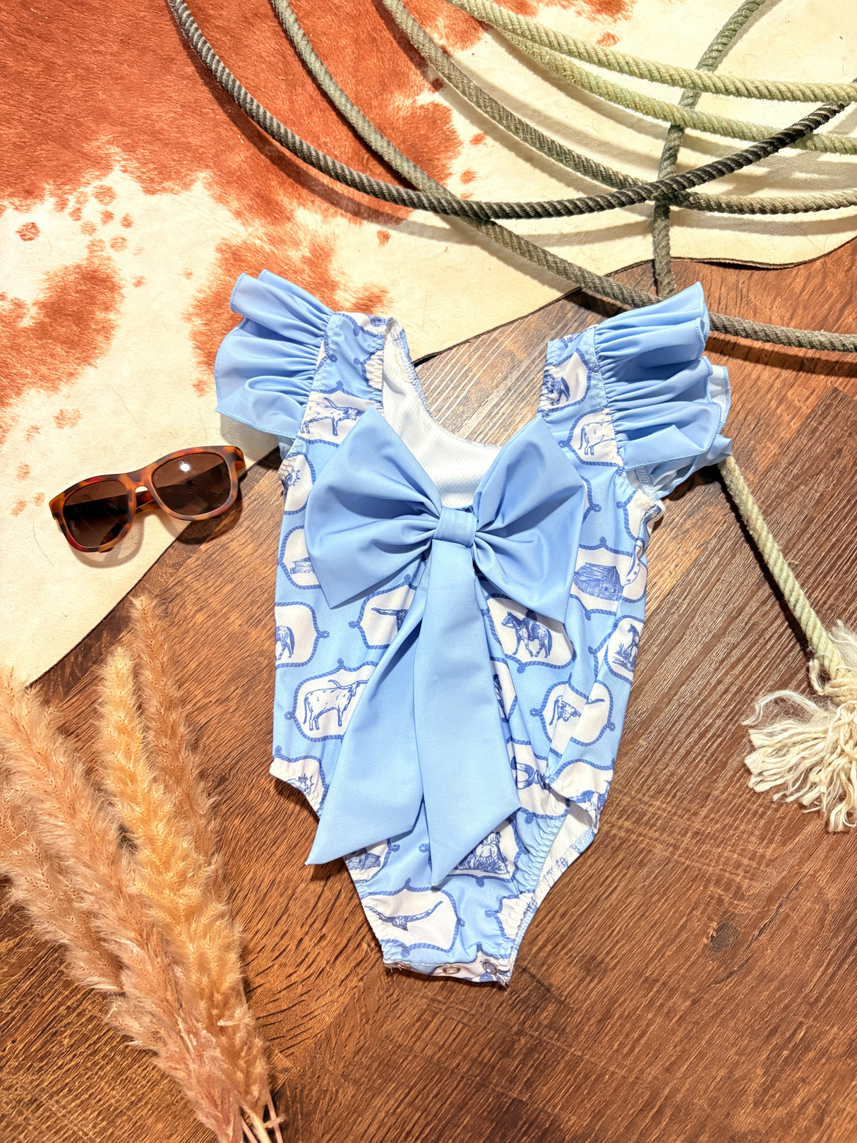 Little Rancher Blue One Piece Bow Swimsuit
