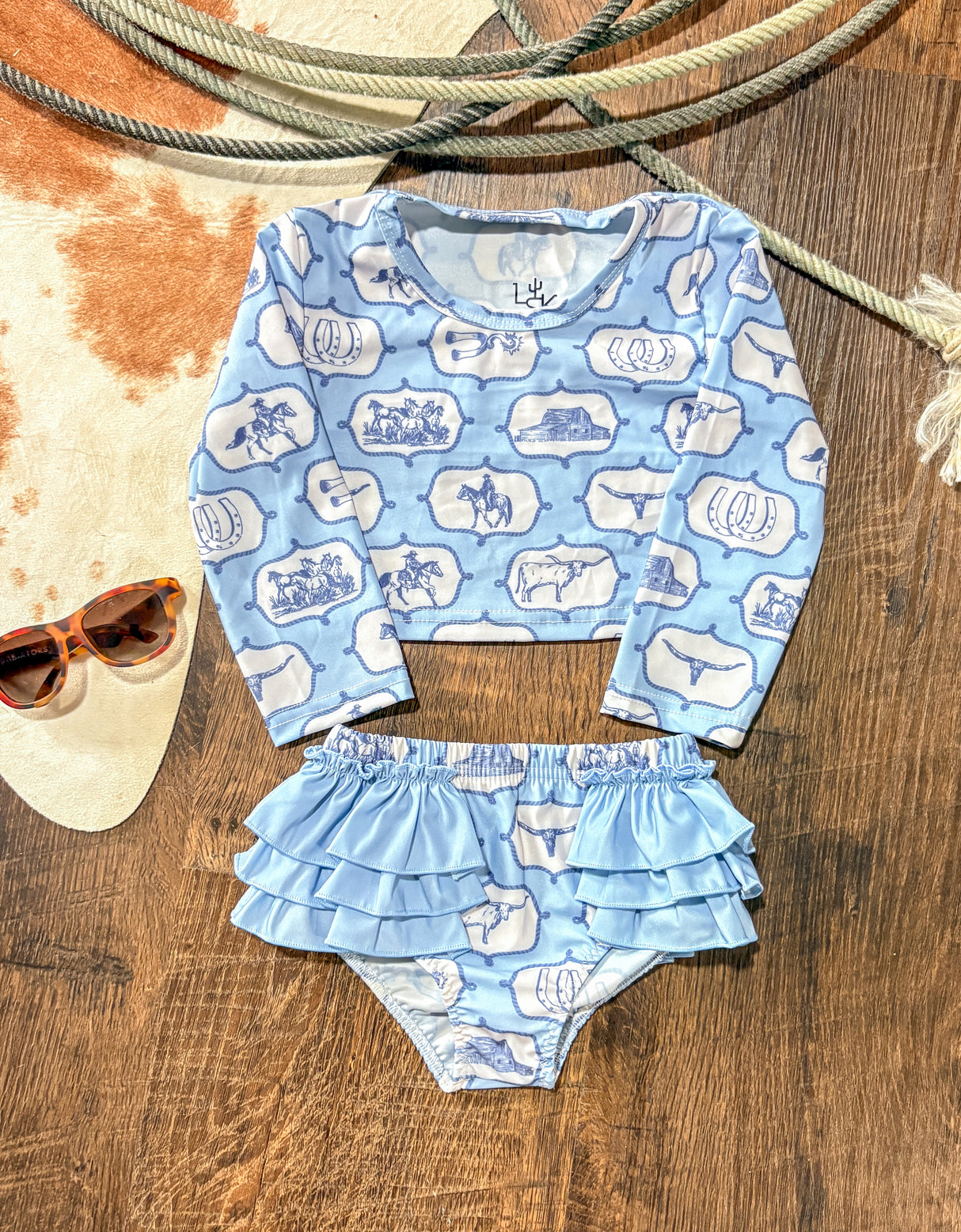 Little Rancher Blue Ruffle Long Sleeve Swim Set