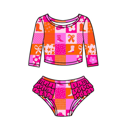 Boots & Bows Patch Ruffle Long Sleeve Swim Set