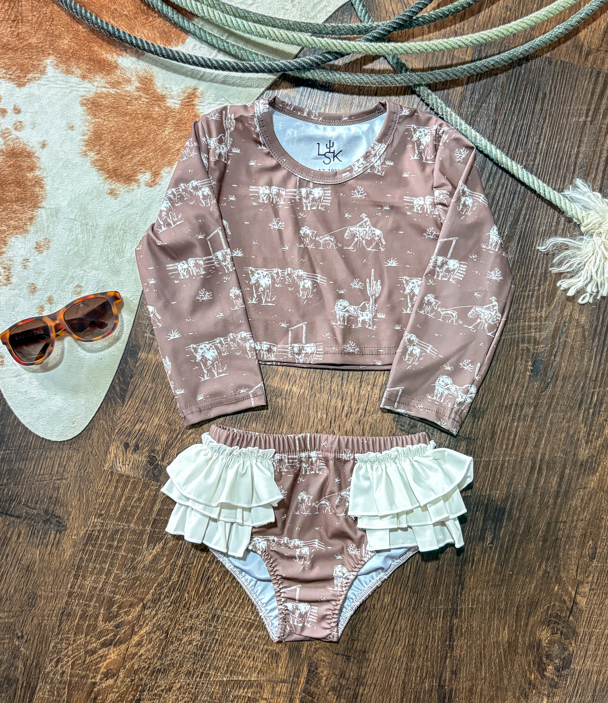 Old West Pastures Ruffle Long Sleeve Swim Set