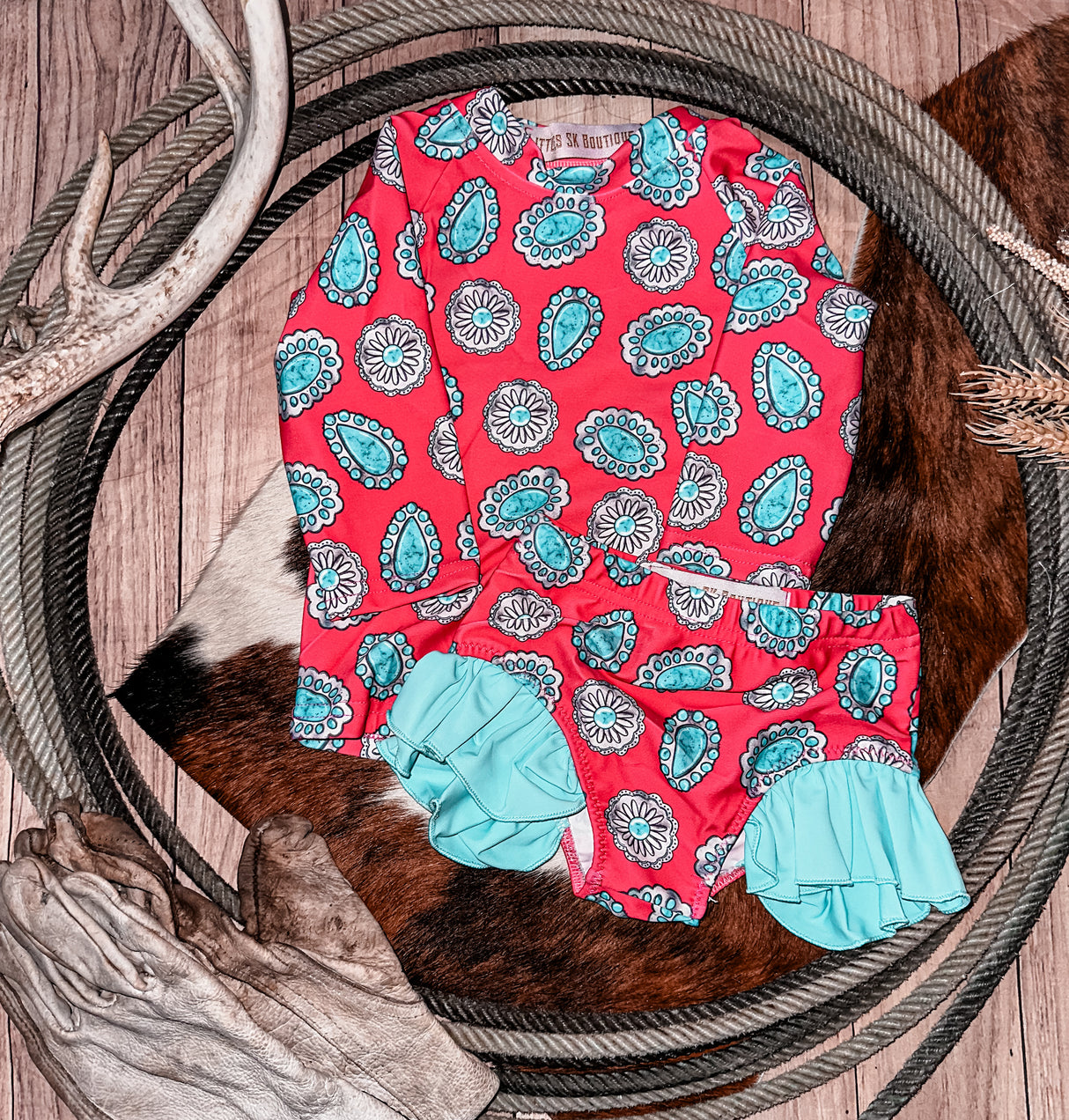 Pink Concho Ruffle Long Sleeve Swim Set