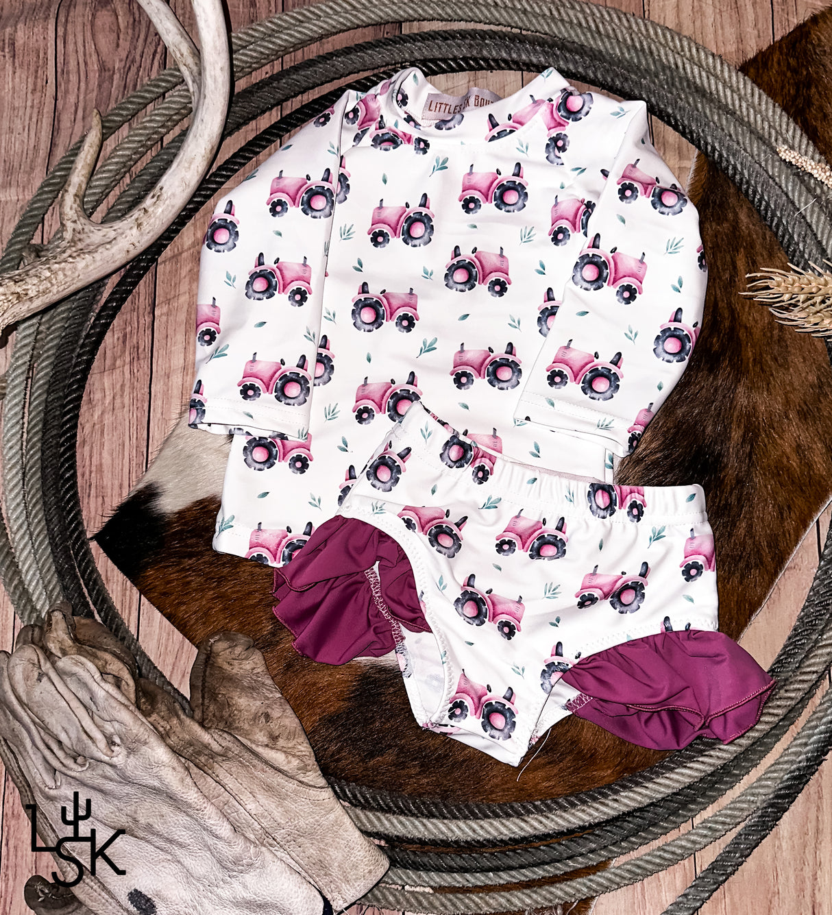 Pink Tractor Ruffle Long Sleeve Swim Set