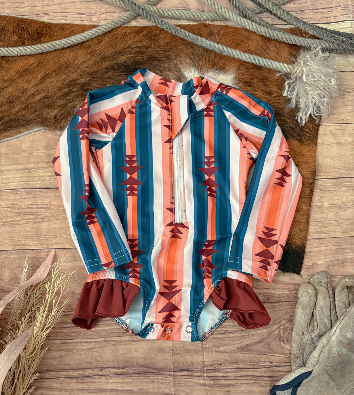Retro Aztec Ruffle Sun-Safe One Piece Swimsuit