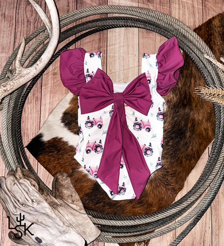 Pink Tractors One Piece Bow Swimsuit