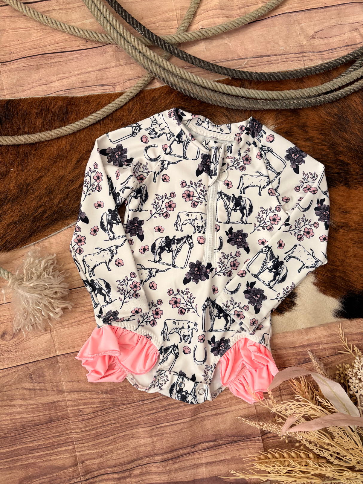 Ranchy Cowgirl Ruffle Sun-Safe One Piece Swimsuit