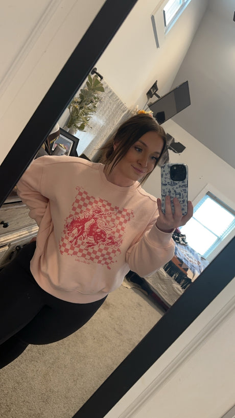 Pink Checker Bronc Crew Neck