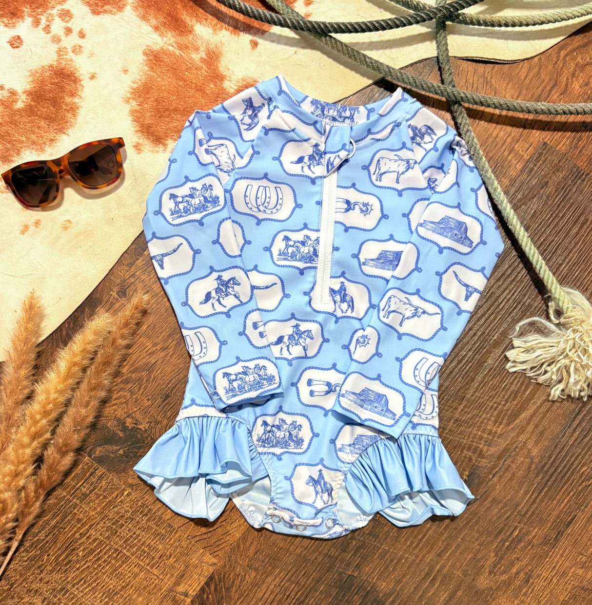 Little Rancher Blue Ruffle Sun-Safe One Piece Swimsuit
